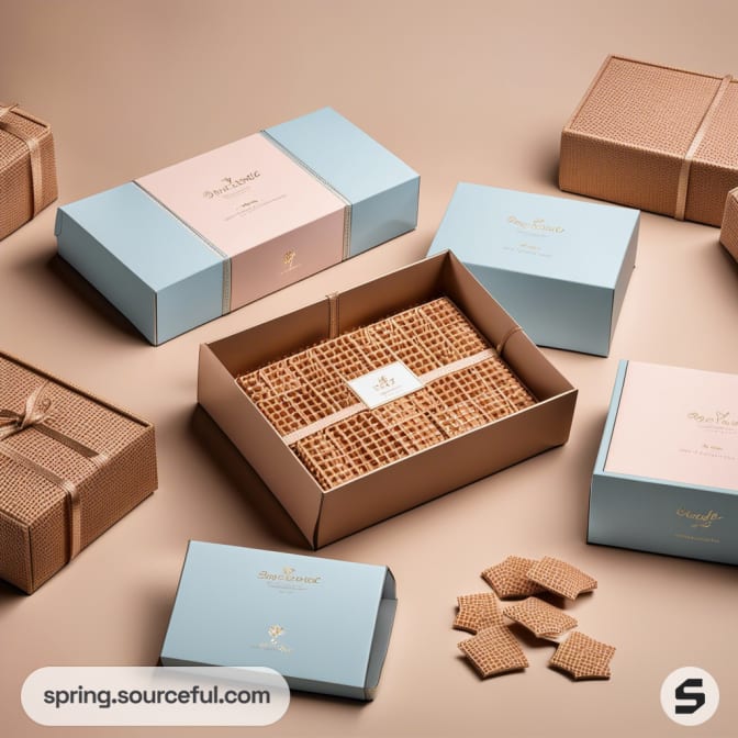 Assorted pastel and neutral packaging boxes with cookies inside, arranged on a beige background.