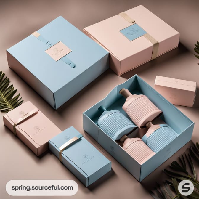 Pastel pink and blue gift boxes with gold ribbon; contains textured ceramic bottles.