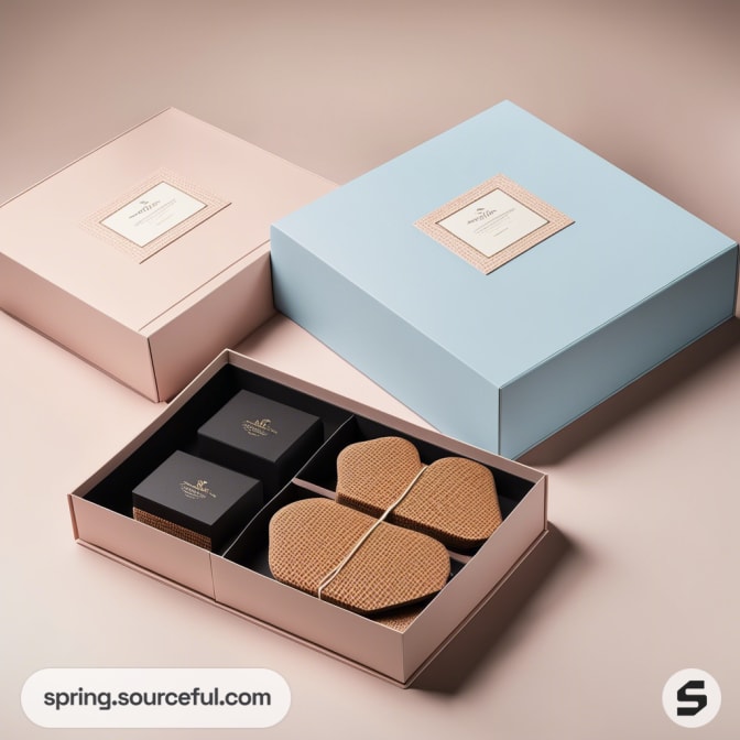 Luxury gift box set with natural products, featuring a blue and a pink box with elegant interior compartments.