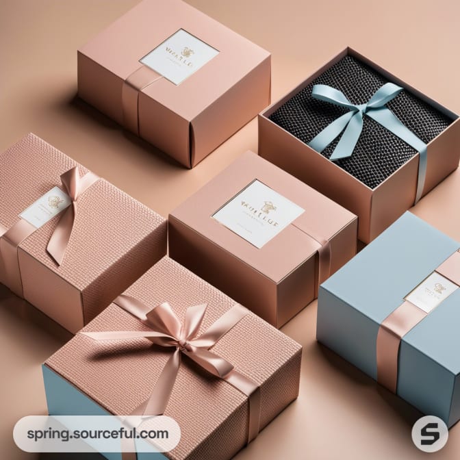 Gift boxes with ribbons in peach and blue colors.