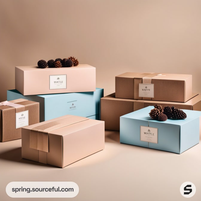 Assorted cardboard boxes in pastel and neutral tones with pinecone decor on a beige background.