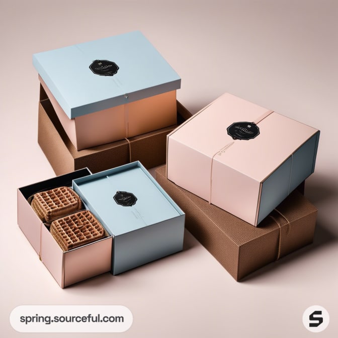 Stacked pastel-colored gift boxes with each containing waffle items, set against a neutral background.