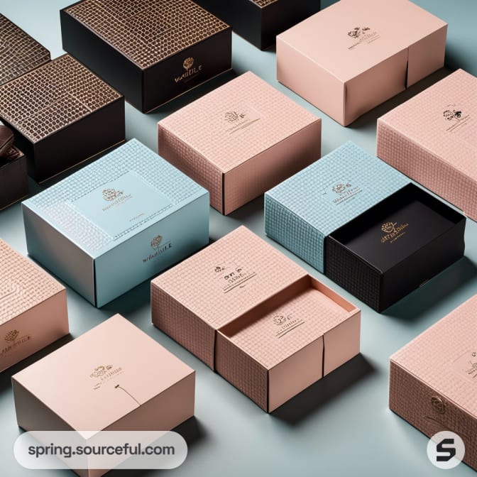 Assorted colorful drawer boxes on a light blue background.