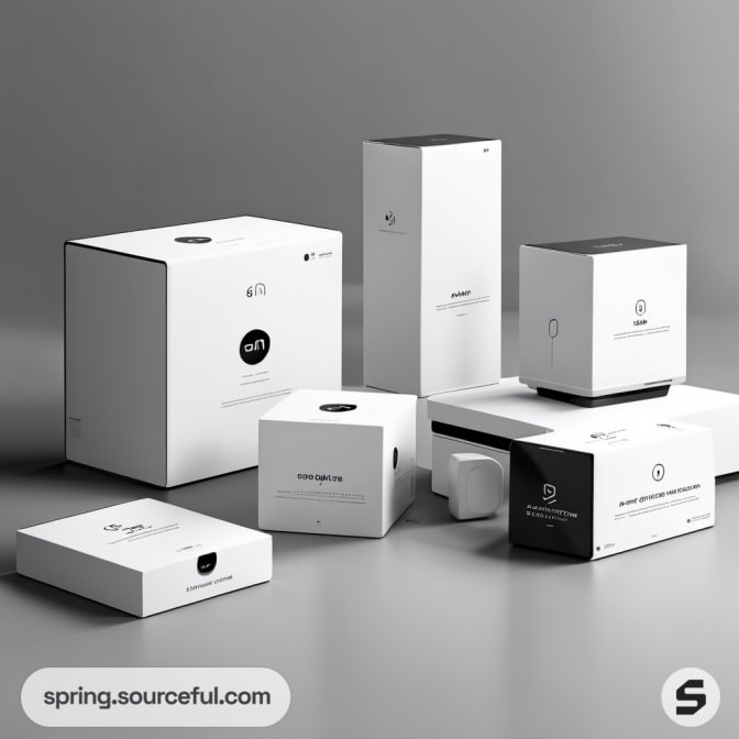 Assorted white and black product boxes on a gray background.