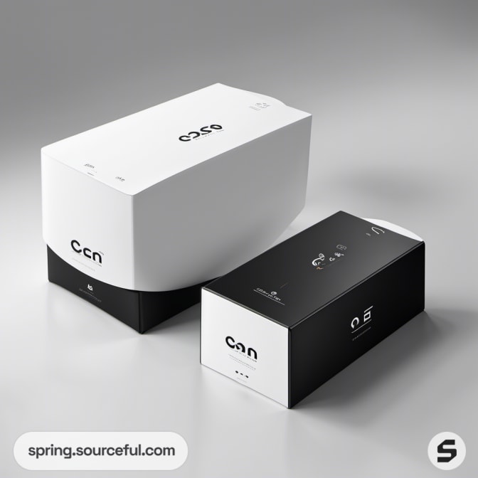 Two rectangular black and white boxes with minimalist text.