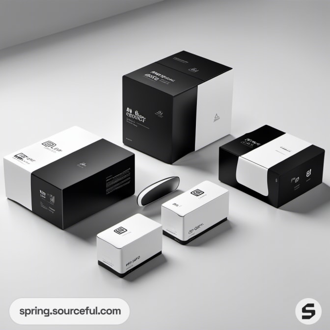 Various white and black boxes with a small tech device.