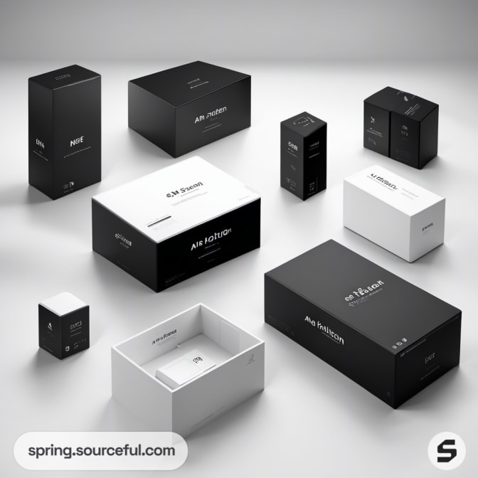 Assorted small black and white boxes with minimalist text.