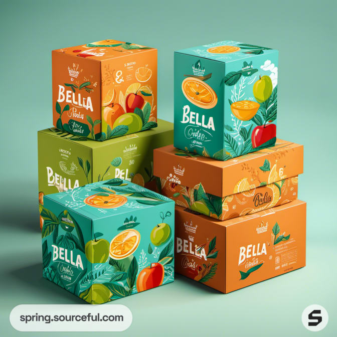 Stacked boxes in green and orange with fruit illustrations and 'Bella' label.