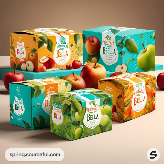 Fruit-themed boxes featuring apples, pears, and vibrant illustrations.