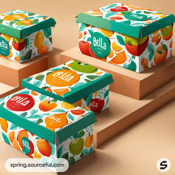 Boxes with colorful fruit patterns and 'Bella' branding, on stack display.