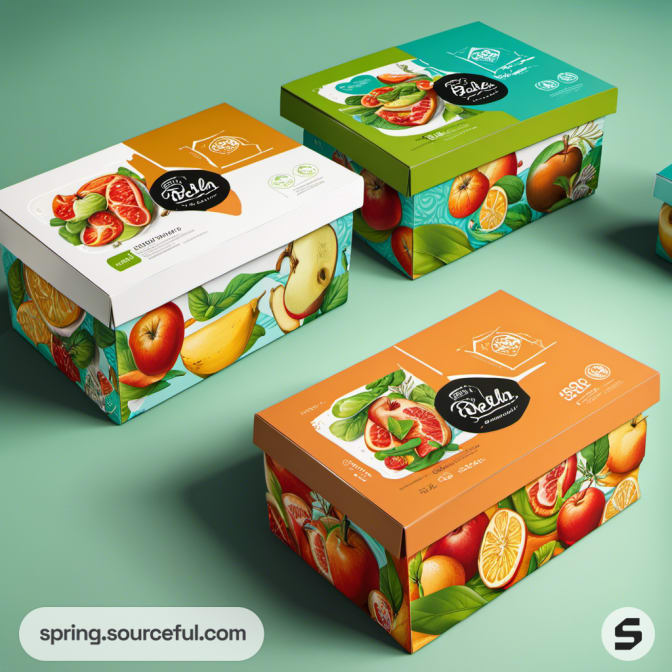 Fruit-decorated boxes with lids, featuring various fruits on each.