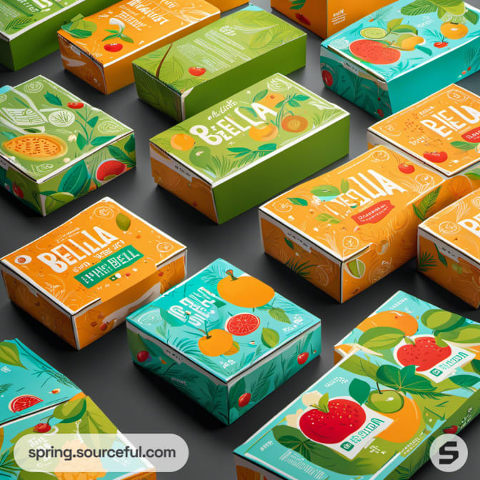 Variety of colorful boxes with botanical and fruit designs.