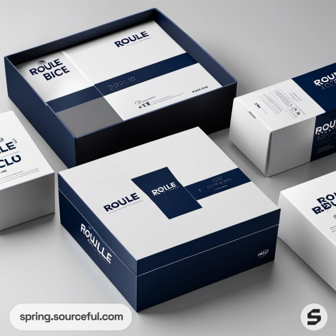 Stack of boxes with navy blue and white design, geometric patterns.