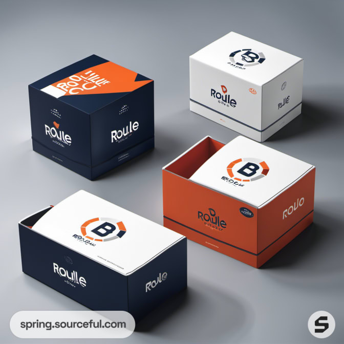 Four open boxes with cycling logos, in white and navy with orange accents.