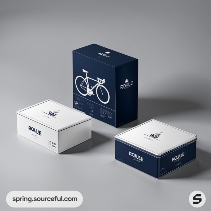 Three boxes with simple bicycle designs, in navy and white colors.