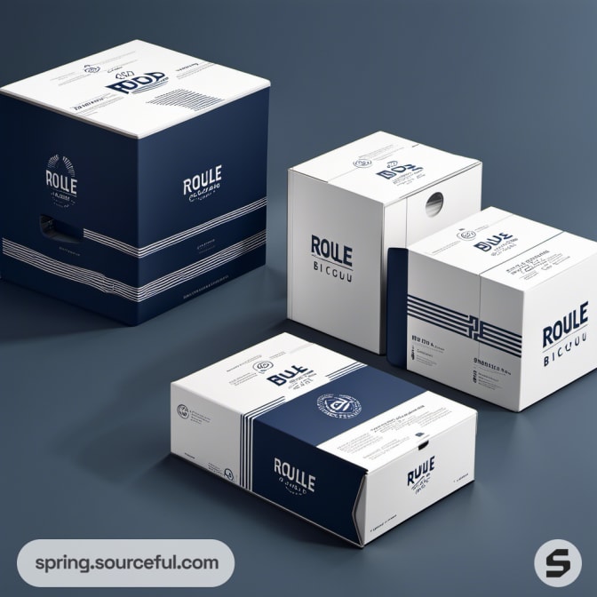 Four geometric patterned boxes in navy and white, with cycling motifs.