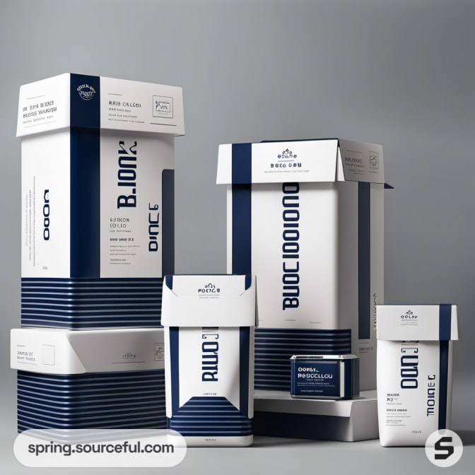 Stack of navy and white boxes with cycling-themed graphics and text.