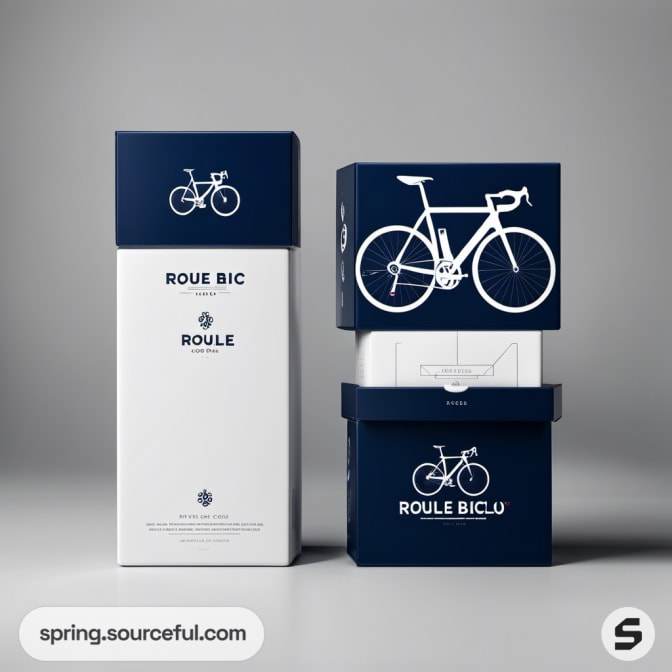 Navy and white boxes with bicycle graphics stacked vertically.