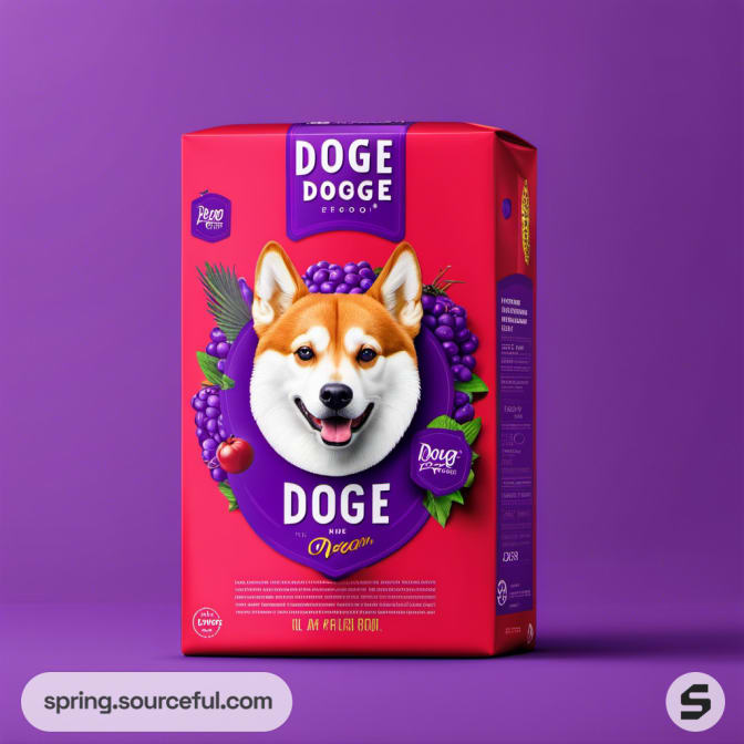 Red dog food box with a dog's face and fruit illustrations on a purple background.