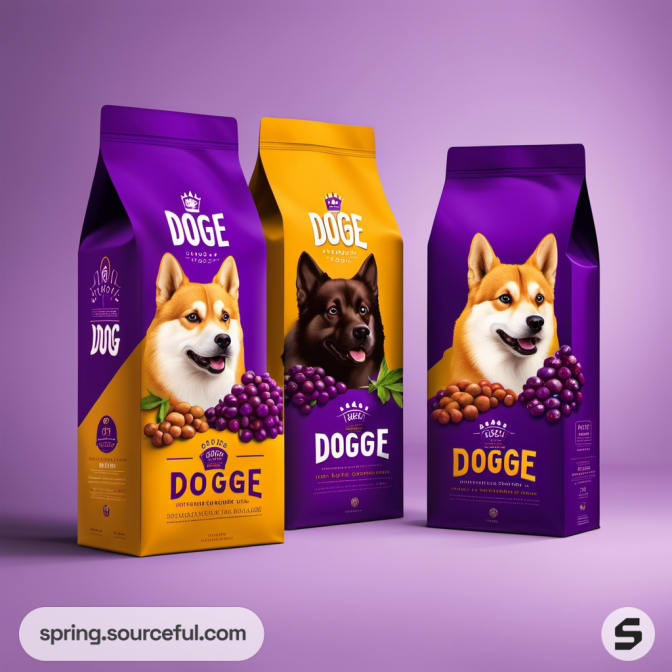 Three dog food packages in purple and orange with dog images on a purple gradient background.