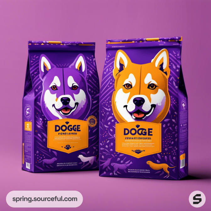 Two dog food packages in purple with large dog illustrations on a purple background.