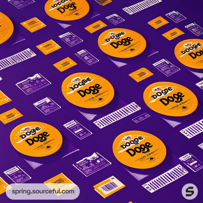 Dog food labels and tags in orange and purple arranged on a purple background.