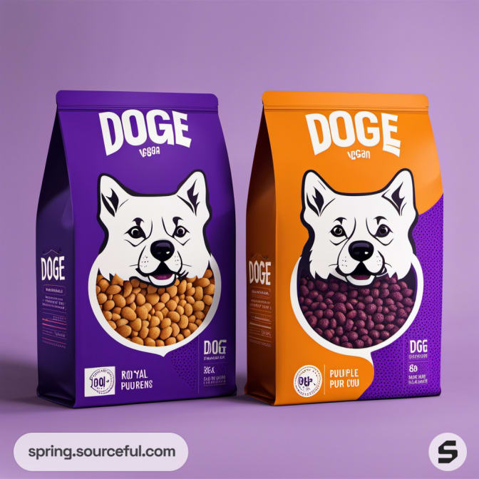 Two dog food packages, one purple and one orange, with dog faces on purple backdrop.