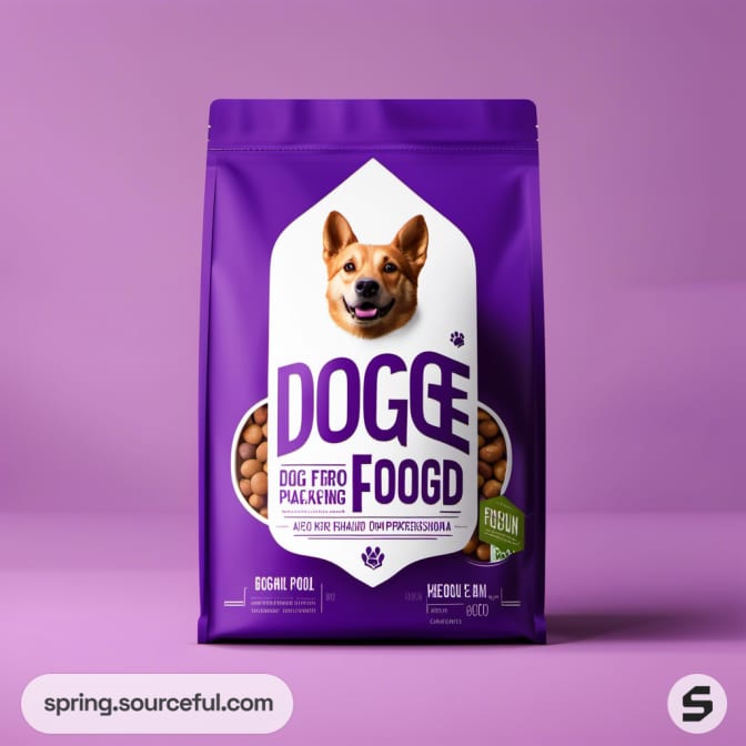 Purple dog food package with a dog's image and bold text on purple background.