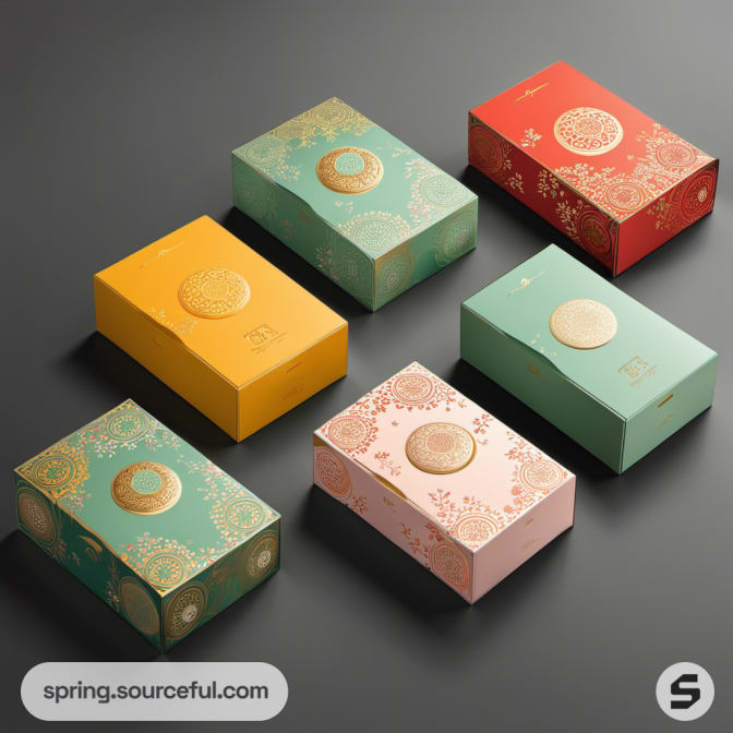 Six rectangular boxes with intricate patterns in green, yellow, pink, red, and turquoise.