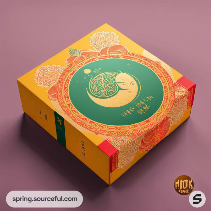 Yellow square box with ornate moon design and lunar-themed decoration.