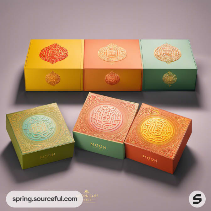 Pastel colored square boxes with embossed circular designs in green, orange, and yellow.