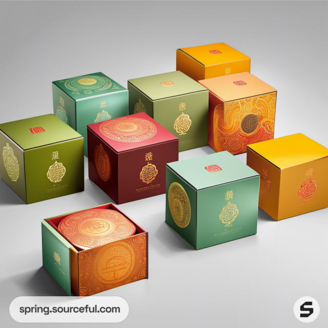 Various colored cube boxes with embossed patterns in green, red, and orange hues.