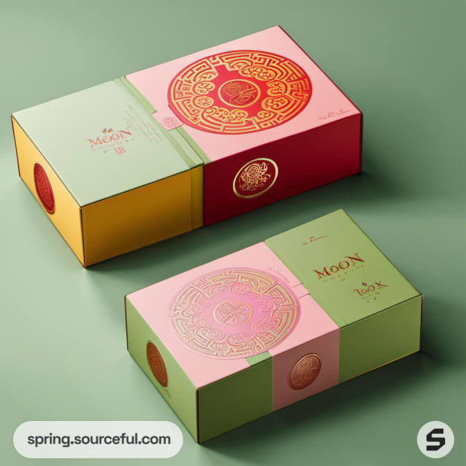 Rectangular boxes with intricate circular designs in pink, red, green, and yellow.