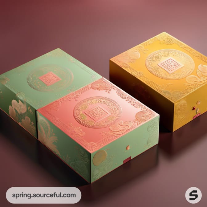 Three pastel-colored rectangular boxes with subtle floral patterns in green, pink, and yellow.