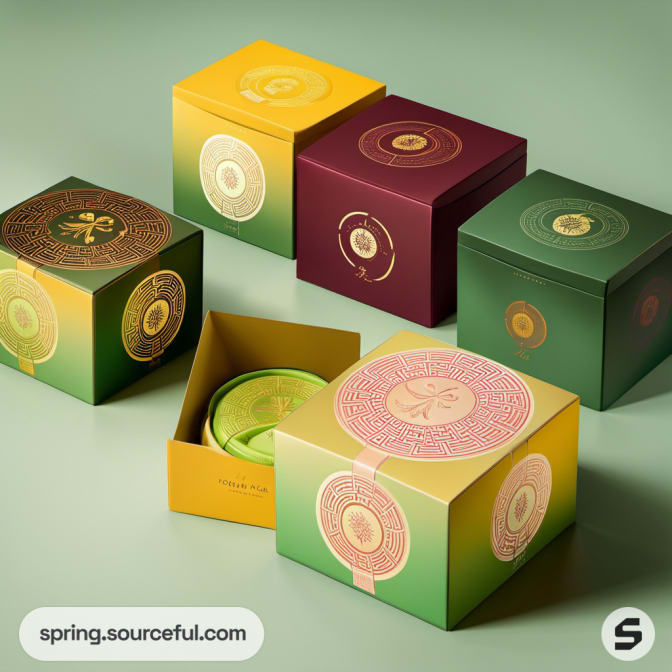 Collection of green and yellow boxes with ornate circular design, featuring a green cake.