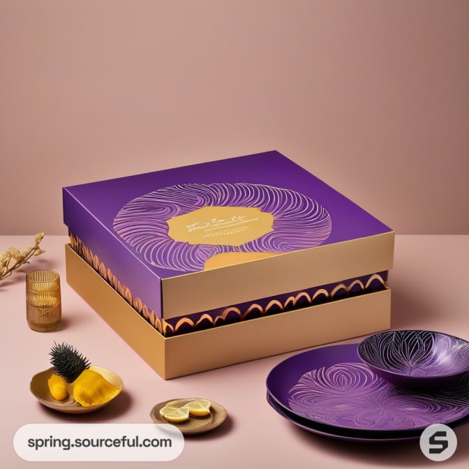 Purple and gold gift box with matching plates on a pink background.