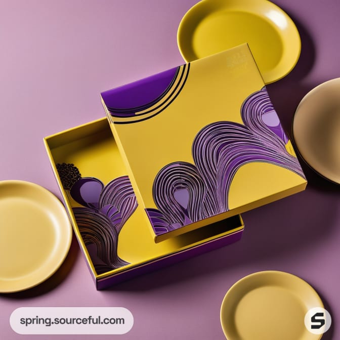 Open yellow and purple gift box with plates on a pink surface.