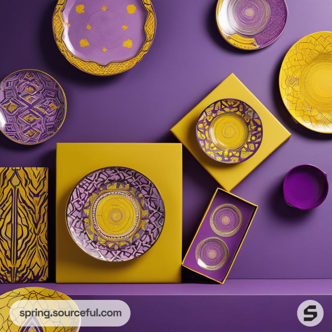 Assorted purple and yellow plates on square boxes against purple background.
