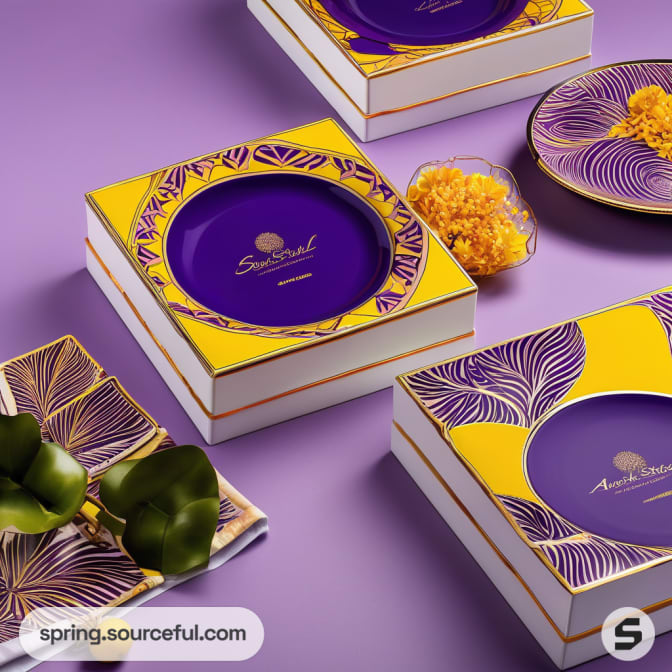 Yellow and purple gift boxes with floral plates and flowers.