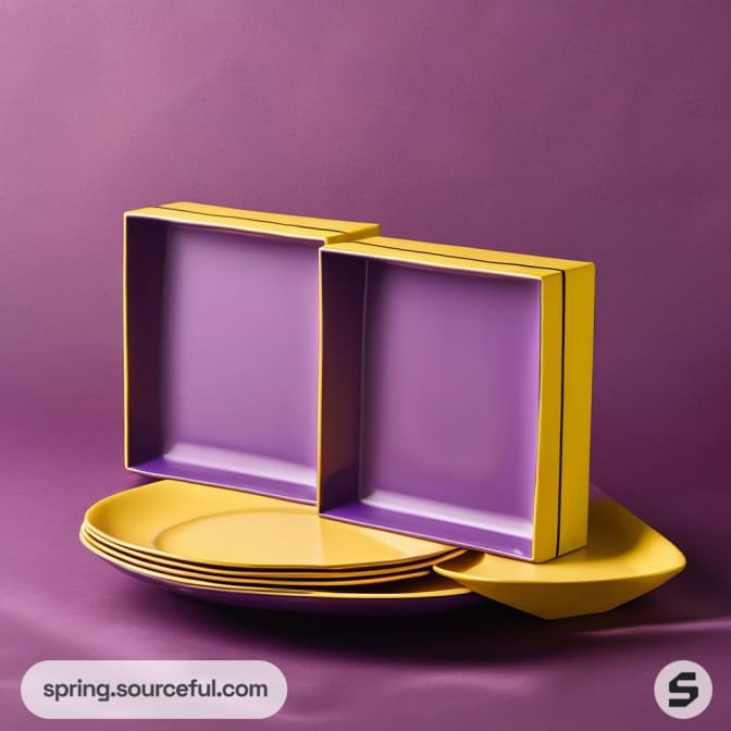 Stacked yellow plates with purple-lined open boxes on purple background.