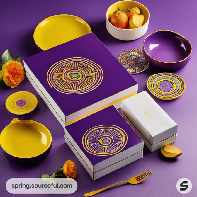 Purple and yellow gift boxes with matching tableware set.