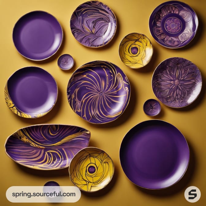 Assorted purple and yellow plates with swirled patterns on a yellow background.