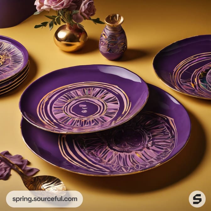Purple plates with gold patterns and vases on a yellow background.