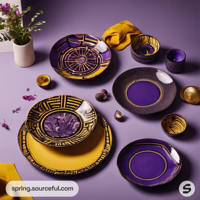 Purple and gold dishes with decorative elements on a purple surface.