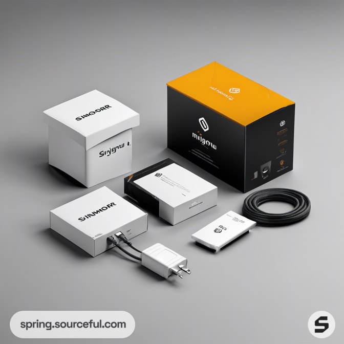 Assorted electronic device packaging with chargers and cables.