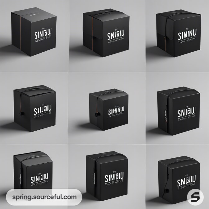 Set of nine black cubic packaging boxes with white text.