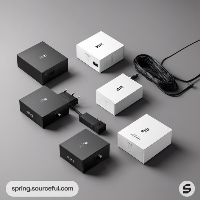 Black and white device packaging with cables and plugs.