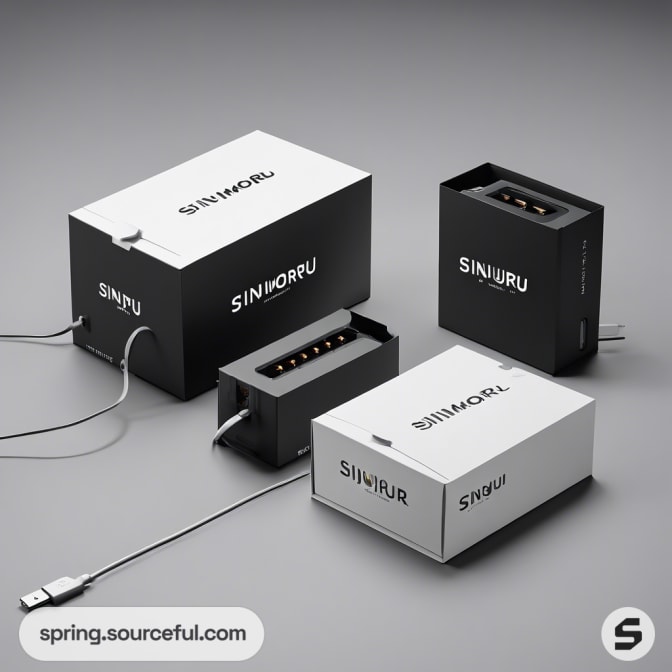 Open black and white packaging boxes with electronic devices.