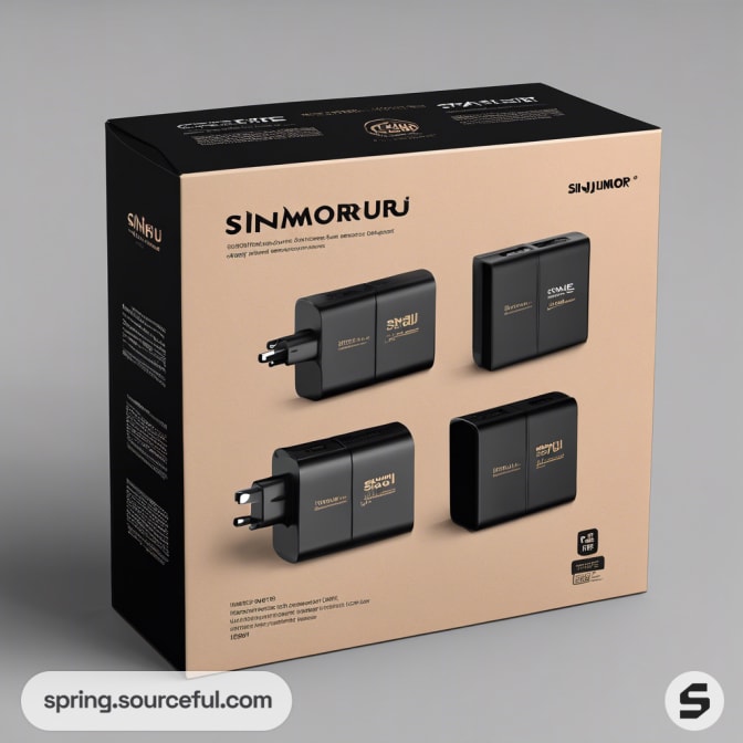 Retail packaging of plug adapters in a black box.