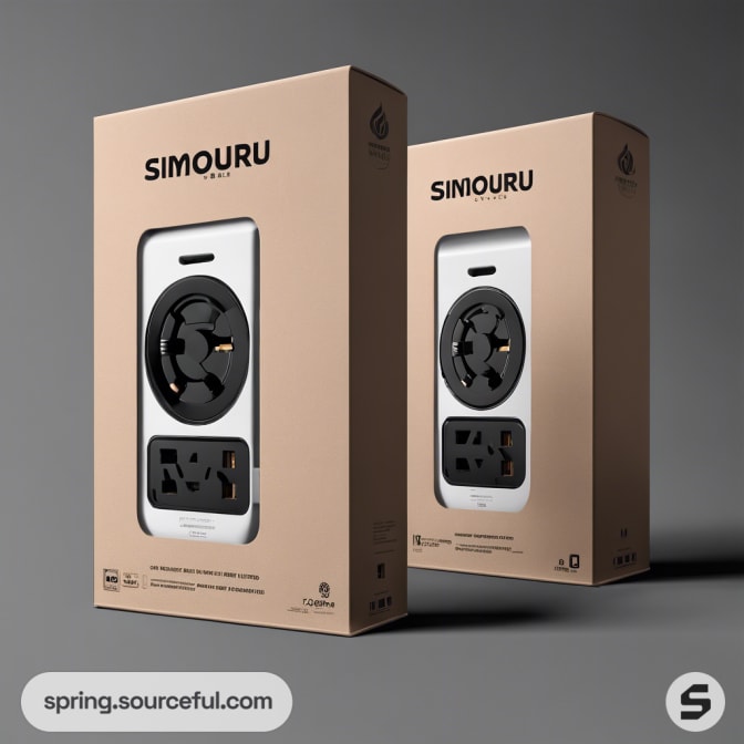 Two beige packaging boxes with black electronic devices.